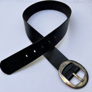 Vintage 1991 GAP Black Wide Leather Belt w/ Distressed Copper Buckle Size 32